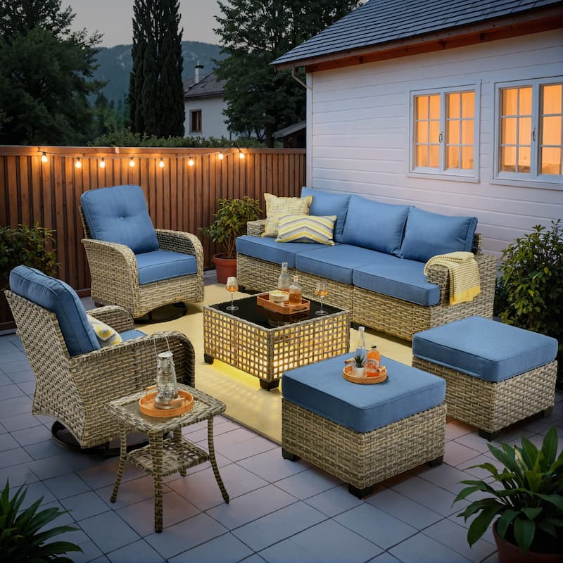 OVIOS 9 Pieces Wide Arm T shaped Seat Curved Swivel Chair Set With Solar-Powered Table - Diamond Blue