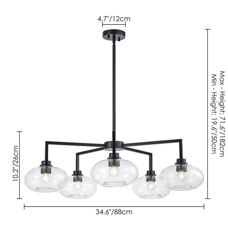 5-Light Modern Black Globe Chandelier Linear Sputnik Clear Glass Bubble Chandelier for Dining Room - 34.65 in. W x 10.24 in. H