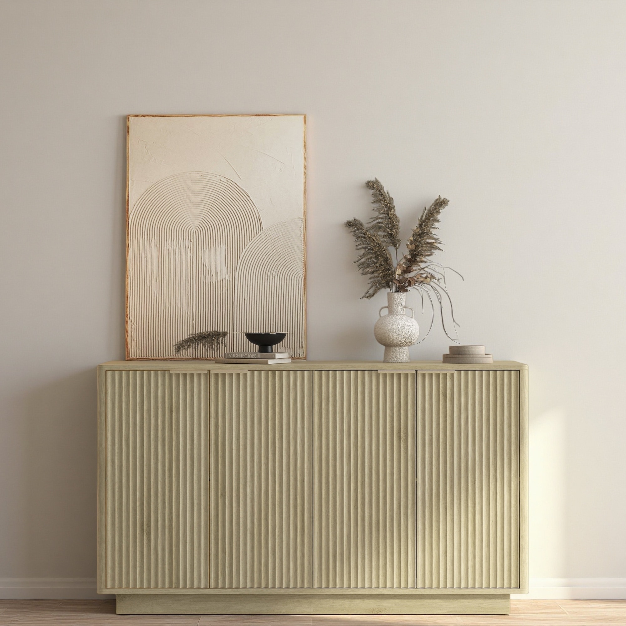 Large Wood Fluted Sideboard Buffet Cabinet with Adjustable Shelves and Metal Handles for Living Room