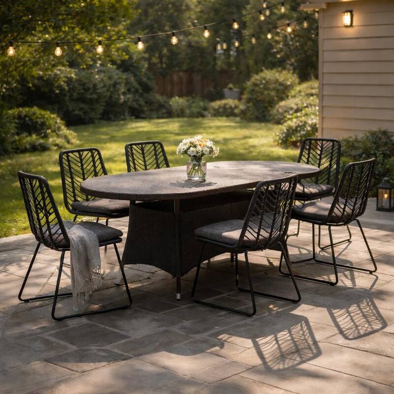 Christopher Knight Home - PE Rattan 7-Piece Outdoor Wicker Dining Set with Oval Table and Cushioned Chairs - Black+Brown Multi