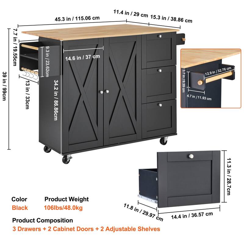 Black Wooden Kitchen Rolling Island Storage Cart with 2 Cabinet Doors and 2 Adjustable Shelves - 56x27x39 inch