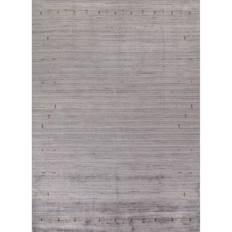 Striped Gabbeh Indian Area Rug Hand-Knotted Grey Wool Carpet - 9'0"x 11'8"