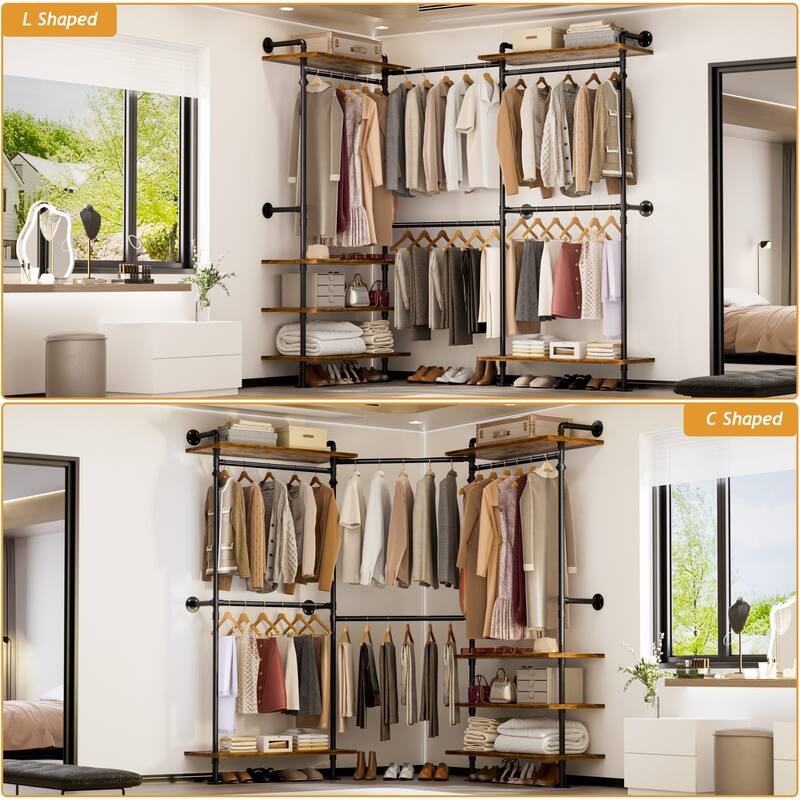 Expandable Industrial Pipe Clothing Rack with 6 Open Shelves,Adjustable Walk-in Closet Organizer System Garment Rack