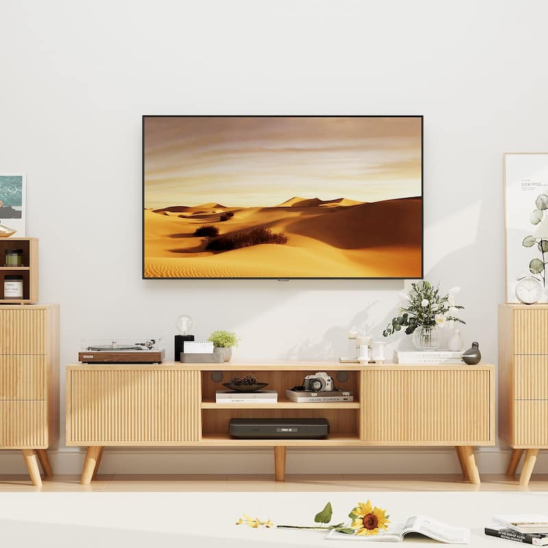Gymojoy 63" TV Stand for TVs Up to 75 Inches, Boho Entertainment Center with Fluted Sliding Doors & Shelves. - 63"W. - 63"W. - Oak.