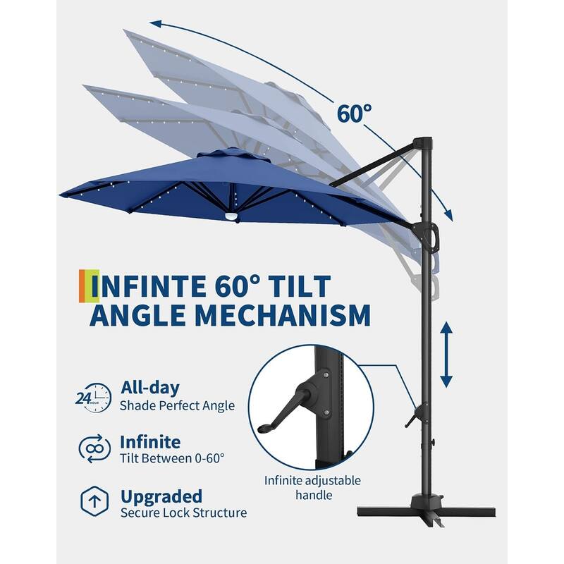 10FT Outdoor Cantilever Umbrella Patio Umbrella Solar LED with Base Included, 360-Degree Rotation