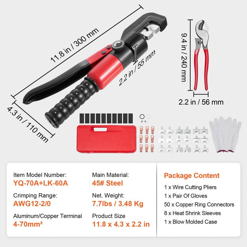 Hydraulic Crimping Tool with 9 Sets of Dies AWG12-2/0 Copper And Aluminum Terminal Battery Lug Crimper - 9 Sets