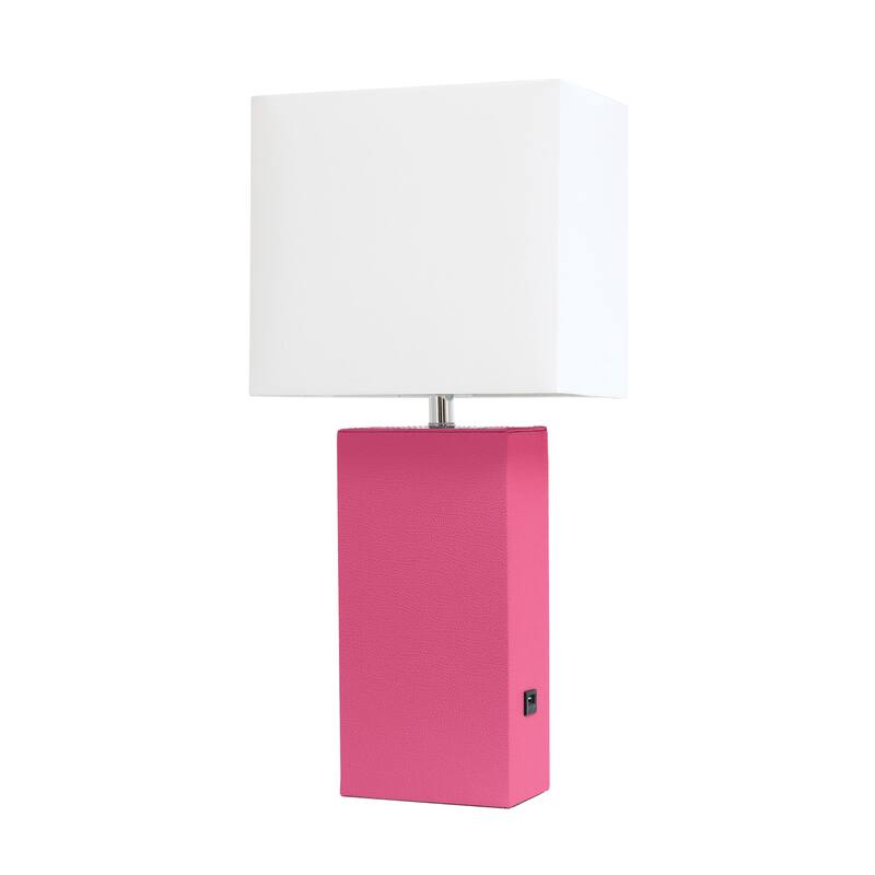 Modern Leather Table Lamp with USB and White Fabric Shade - Without Bulb - Hot Pink