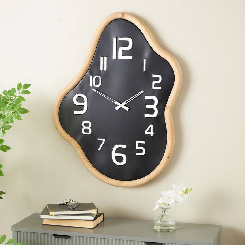 Black Metal Wavy Decorative Wall Clock with Brown Frame and White Accents - 2"W x 25"L x 32"H
