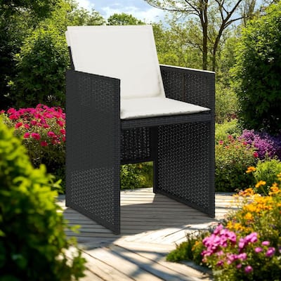 Outdoor Set of 4 with White Cushions, Black Rattan Woven Frame