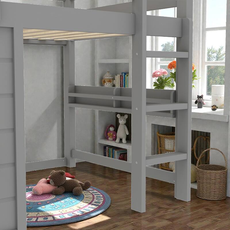Twin/Full Loft Bed with Sliding Chalkboard, Built-in Bookshelf, Solid Wood Frame & Safety Guardrails, Kids Playhouse Bed