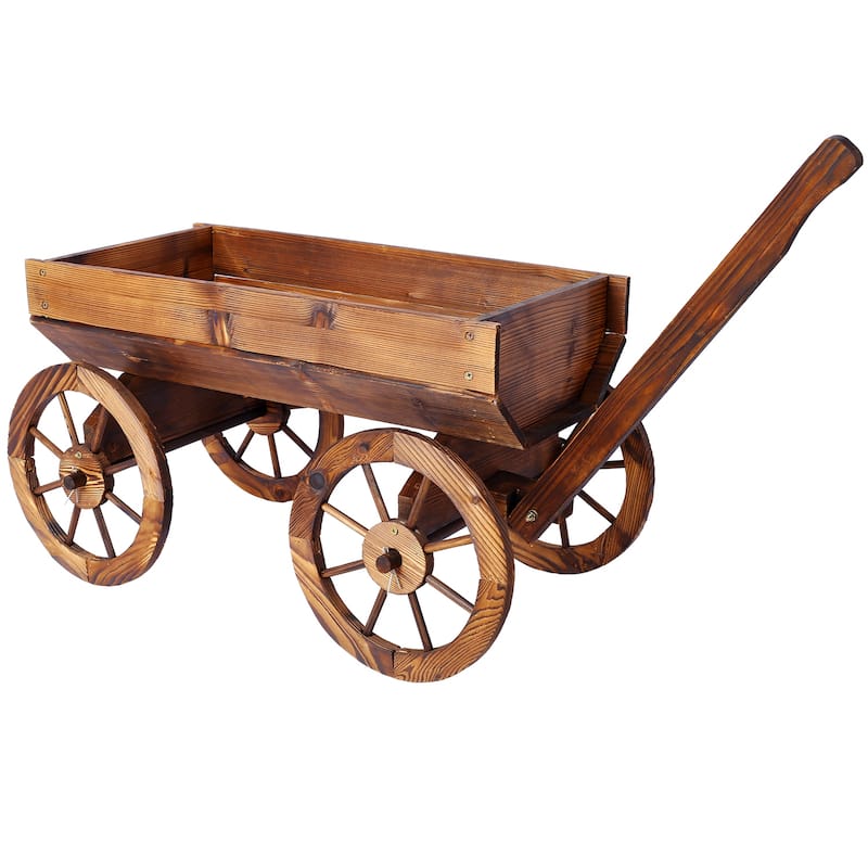 Wood Wagon Planter with Wheels, Mobile Garden Decor in Brown - Brown