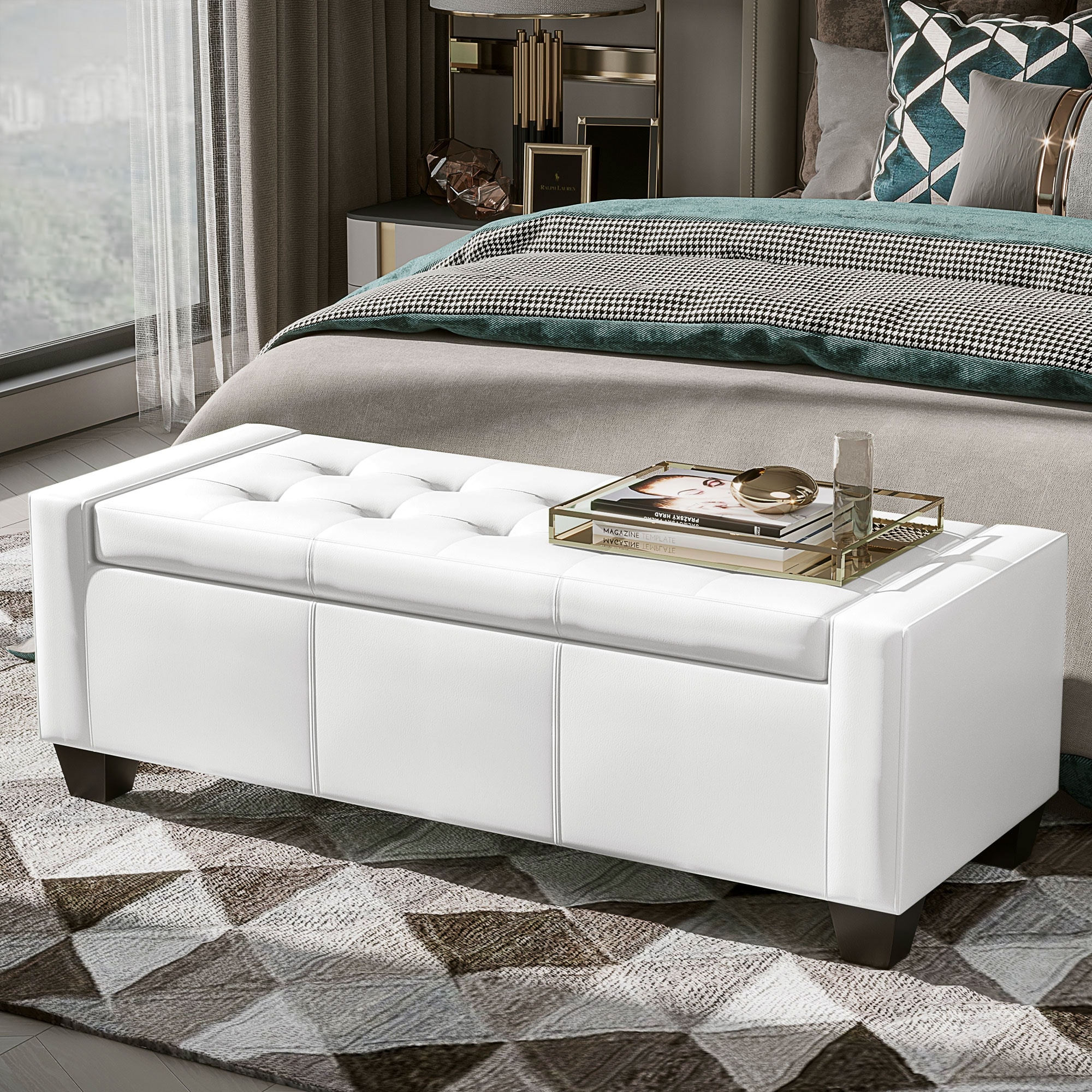 Porch & Den Pickard White Faux Leather Storage Ottoman Bench