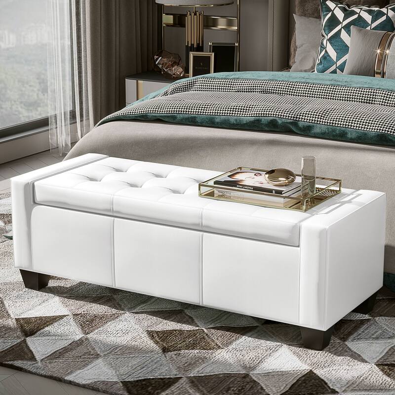 Faux Leather Storage Ottoman Bench with Soft Foam Seat and Hidden Storage for Living Room - 50.5" L x 19.75" W x 17.75" H - White