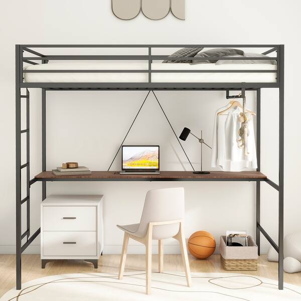 slide 2 of 11, Twin Size Loft Bed with Cinnamon Wood Desk and Closet Rod Black