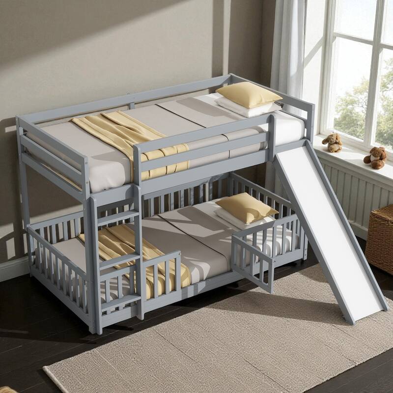 Solid Pine Wood Twin Over Twin Bunk Bed with Slide, Door, Ladder, and Guardrails, Convertible Floor Bunk Bed for Kids