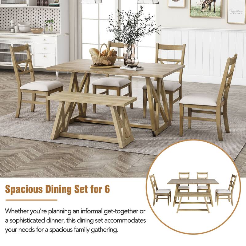 Farmhouse 6Piece Dining Table Set with Cross Legs, Kitchen Set with 4