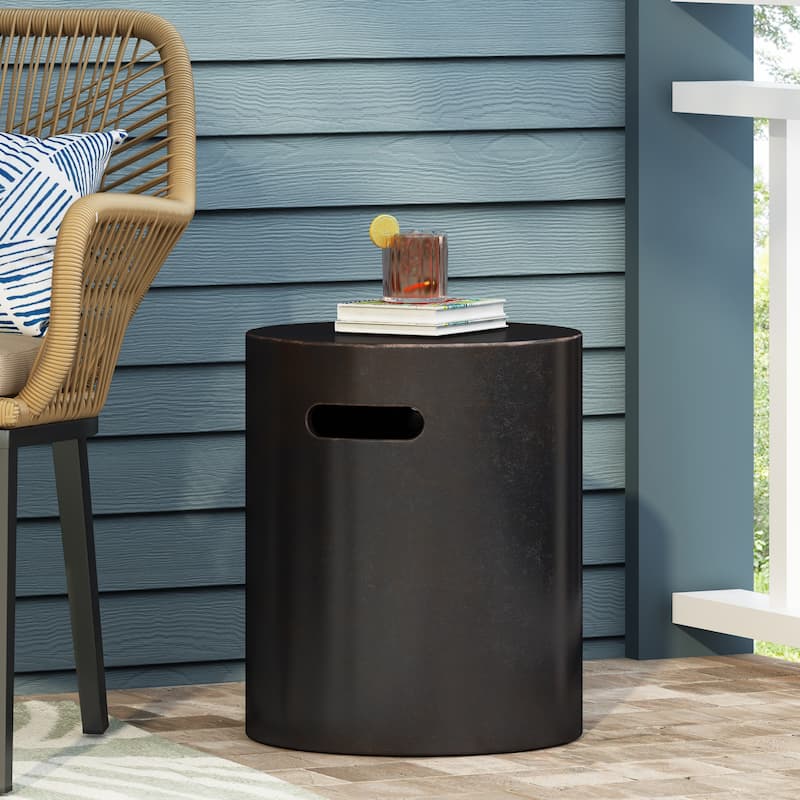 Roomfitters Outdoor Lightweight Concrete Side Table with Built-In Handle, Modern Round Accent Table, Copper