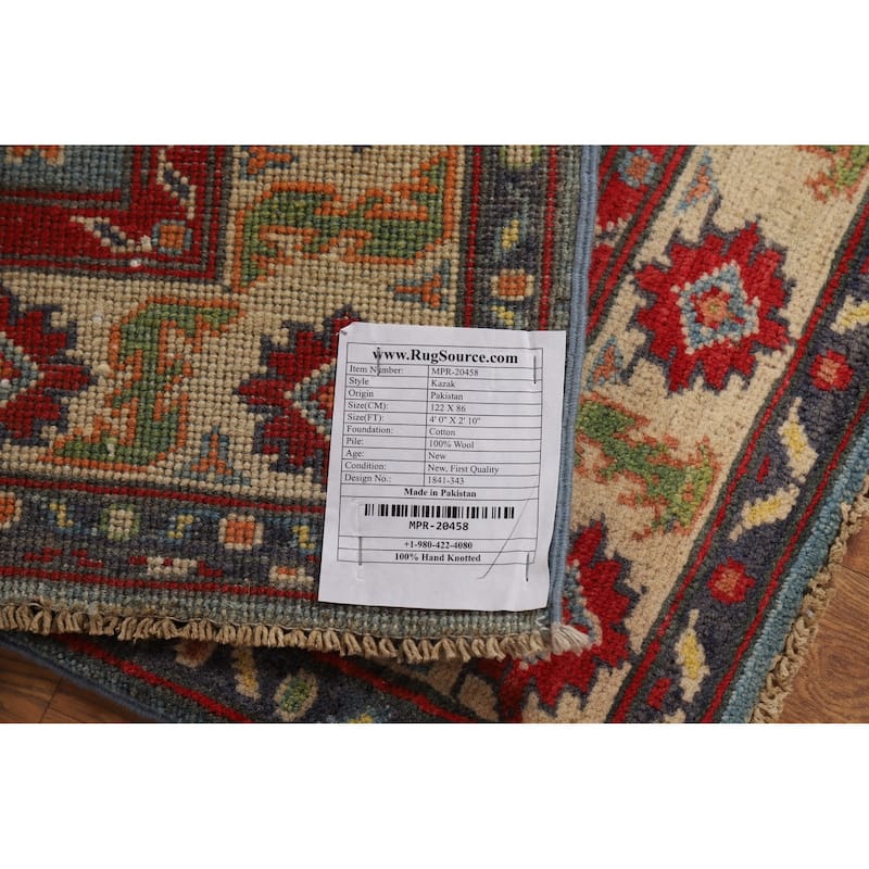 Light Blue Kazak Foyer Rug Hand-Knotted Bedroom Wool Carpet - 2'10"x 4'0"