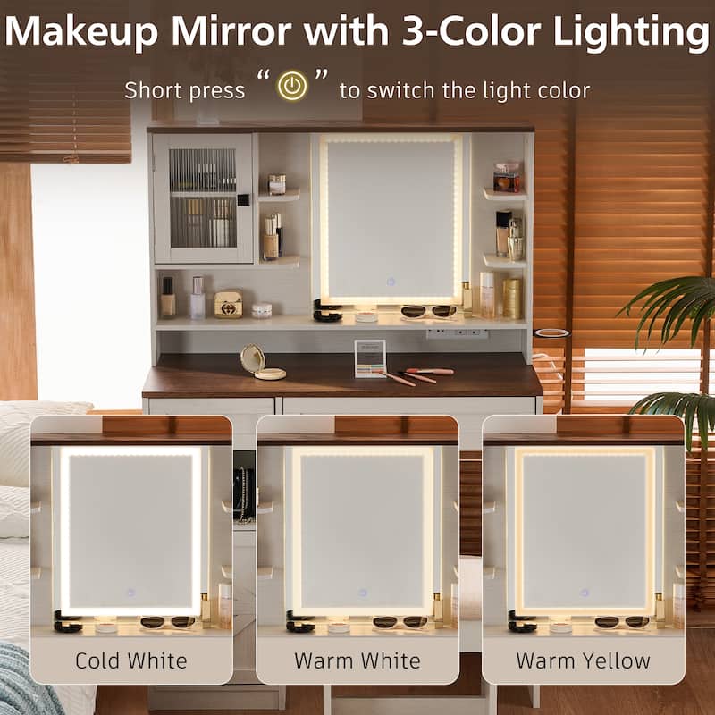 Farmhouse Makeup Vanity with Lighted Mirror, Charging Station, Stool, Drawers, Shelves and Side Cabinet