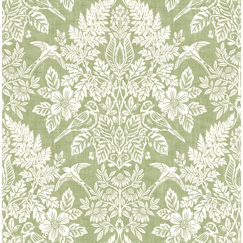 Chris Loves Julia x A-Street Prints Finch Light Green Woodland Damask Wallpaper