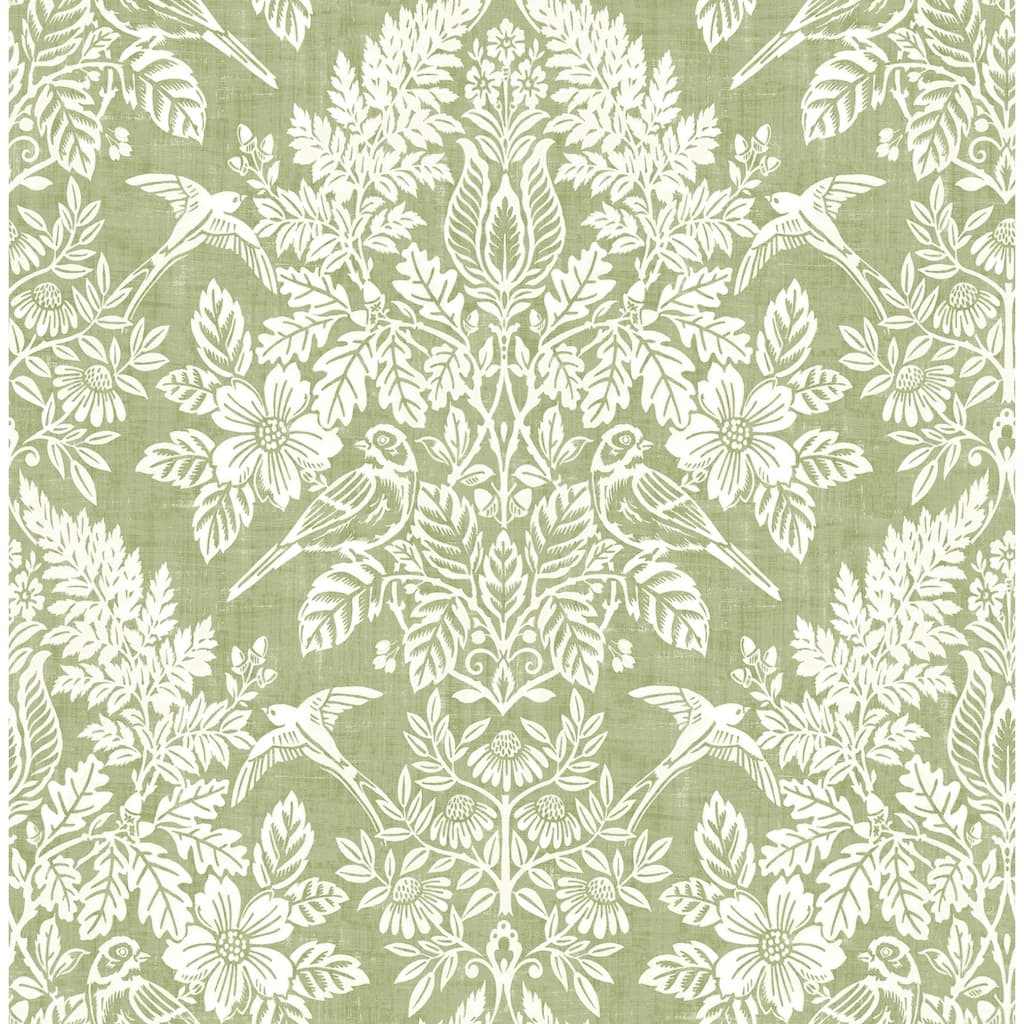 Chris Loves Julia x A-Street Prints Finch Light Green Woodland Damask Wallpaper