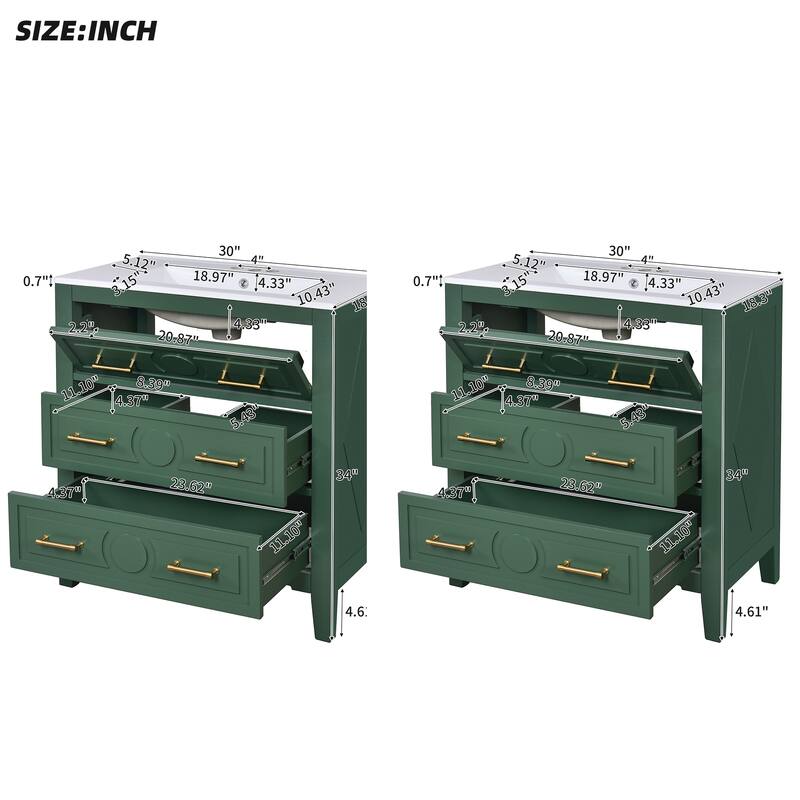 GDFStudio - Wellington Retro Freestanding Double Bathroom Vanity Set with Ceramic Sink and 3 Storage Drawers - 60'W