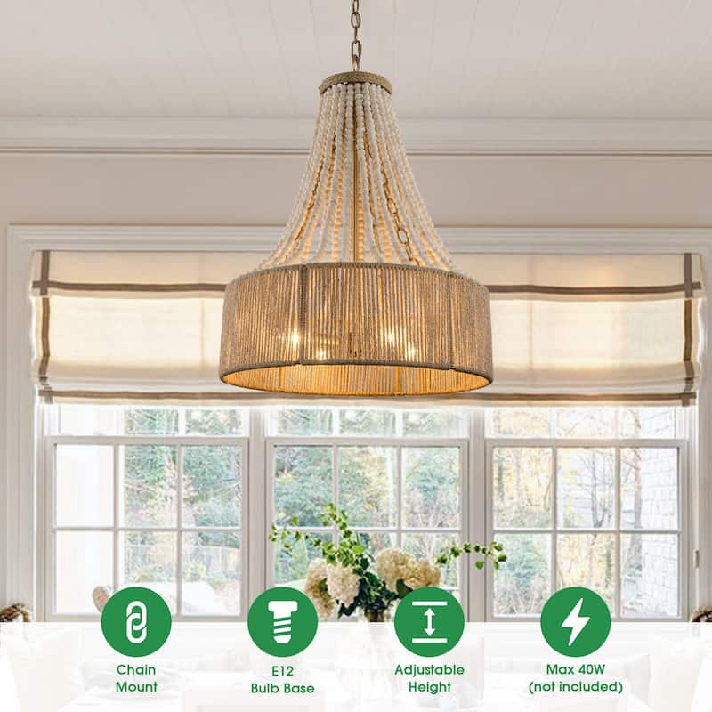 4-Light Bohemian Woven Hemp Rope Wood Beads Empire Chandelier