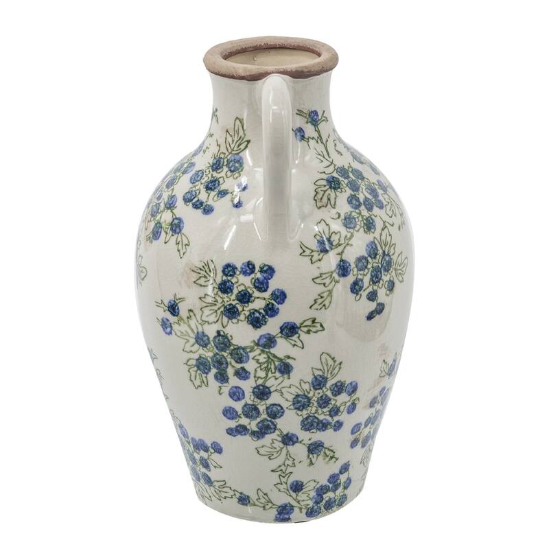 7.5x7.3x12" White Ceramic Vase With Blue Berry Motif - Multicolor