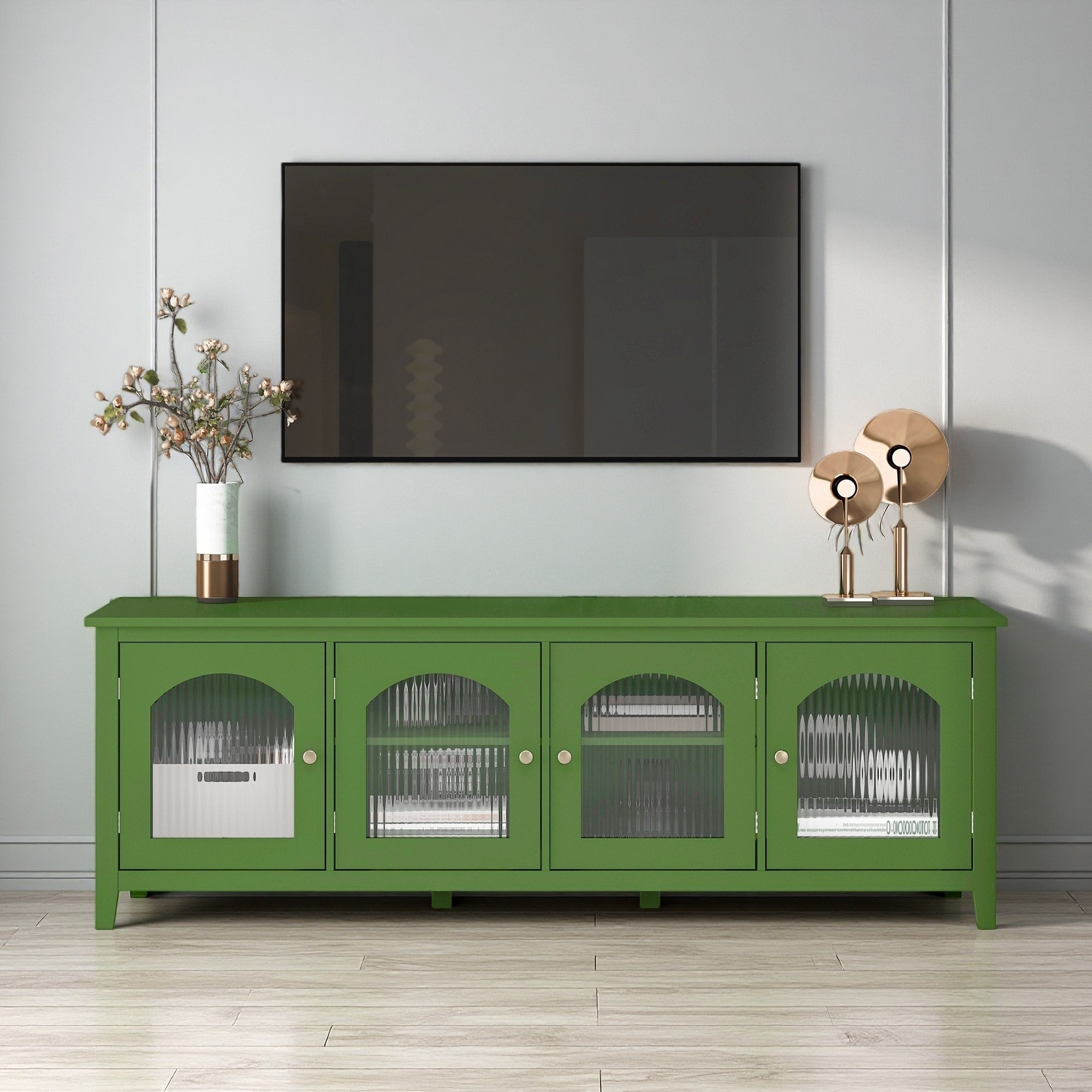 71-Inch TV Stand for TVs up to 70", Entertainment Center with Glass Doors, Storage Cabinet with Drawers, Solid Wood Frame