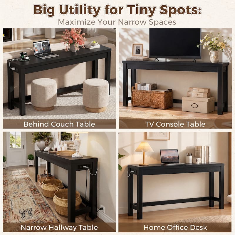 63-In Console Table with Charging Station, Farmhouse Entryway Table/ Behind Couch Table