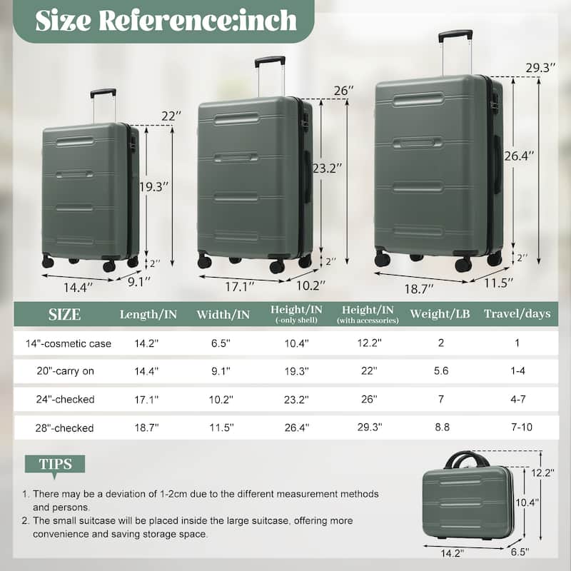 6 Piece Luggage Set, with Double Spinner Wheels Handle Password Lock, 14 IN Cosmetic Case 20/24/28 IN Luggages with Bag