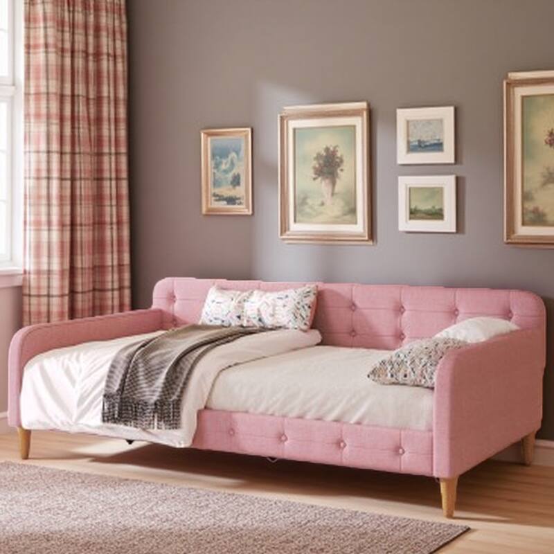 Full Size Linen Upholstered Daybed with Armrests and Sturdy Frame, Modern Sofa Bed with 4 Support Legs - Pink - Twin