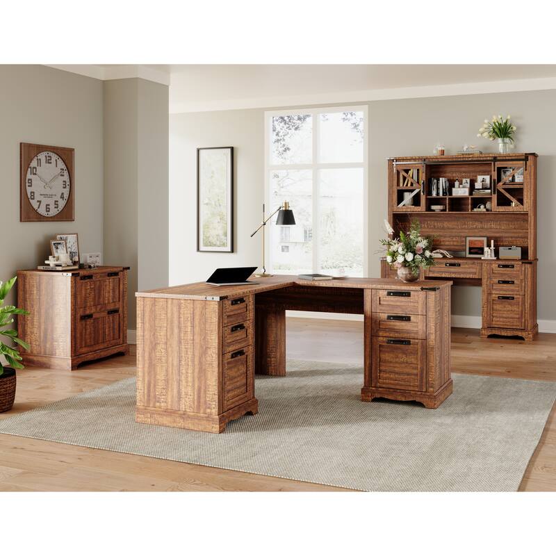 L Shaped Desk, Wood Office Desk with Charging Station, File Drawer