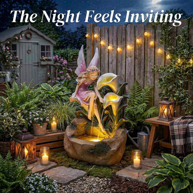 Outdoor Fairy & Calla Lily Water Fountain with Fairy-Tale Garden Style and Lights