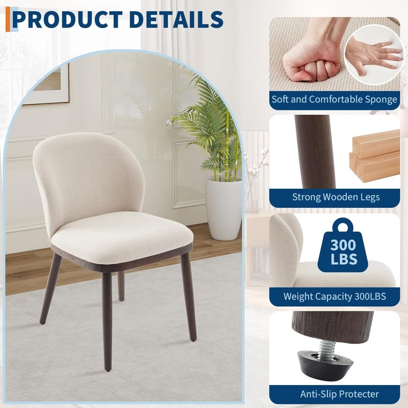 Dining Chairs Set of 2, Wood Legs Modern Upholstered with Ergonomic Back Support