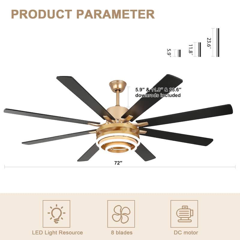 Bella Depot 72" Modern Large Ceiling Fan with Dimmable LED Light and Remote Control 6-Speed Reversible DIY Shade Chandelier
