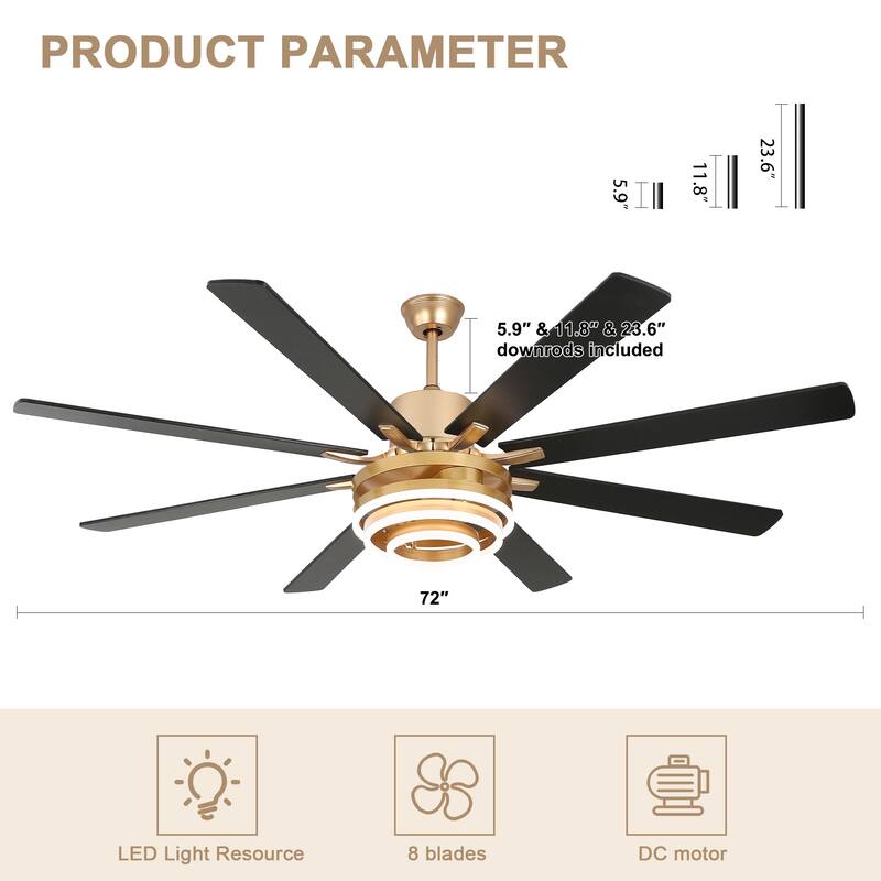 Bella Depot 72" Gold Large Ceiling Fan with Light and Remote