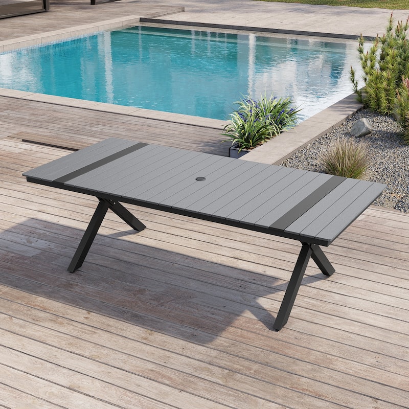 Outdoor Aluminum Dining Table Rectangular Table with Umbrella Hole - Grey - 94.33incheslong