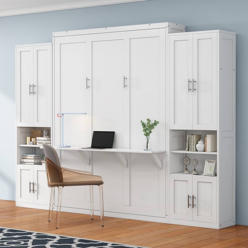White Murphy Bed Desk Combo Chest Convertible Cabinet Bed Wall Bed Folding Space Saving Cube Bed Platform Low Profile Bed - White with 2 Cabinet - Queen