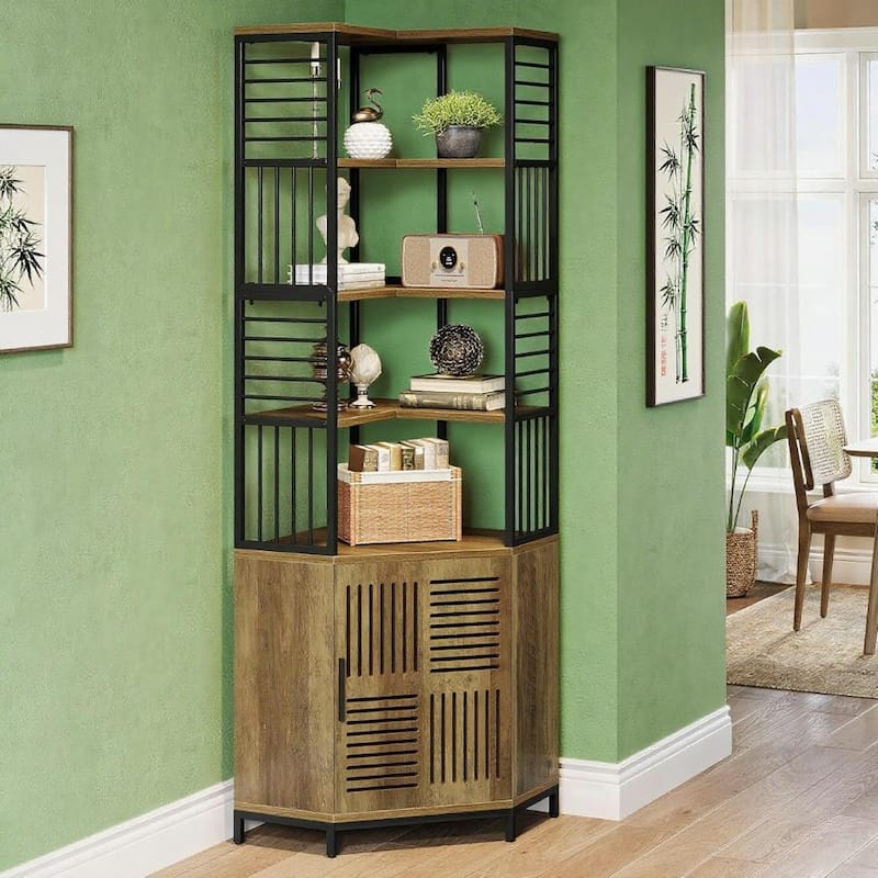 Brown Corner Storage Cabinet 5 Shelf Tall Vertical Organizer MDF Metal Frame Living Room Office Display Shelf