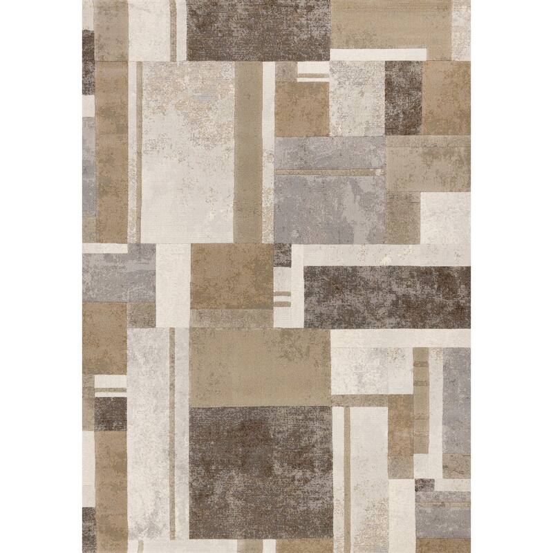 Beige Grey Geometric Overlapping Blocks High-Traffic Plush Rug