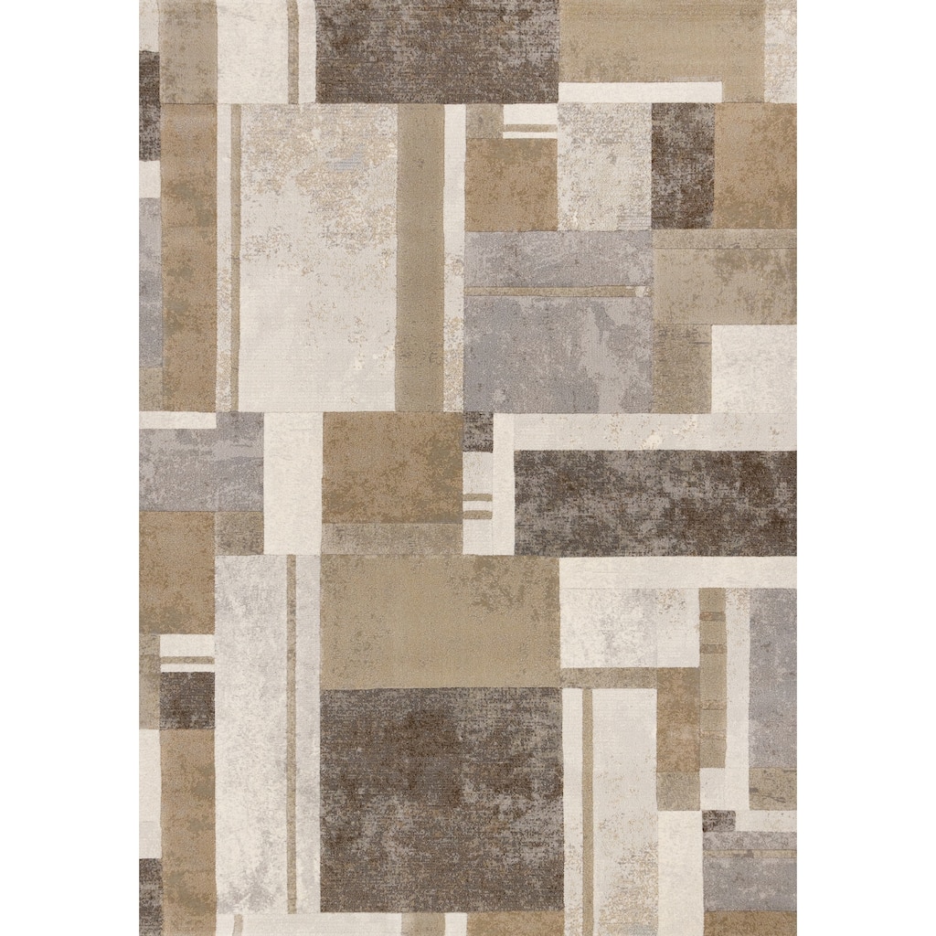 Beige Grey Geometric Overlapping Blocks High-Traffic Plush Rug