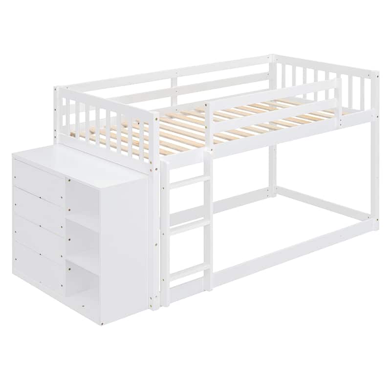 Twin Over Twin Bunk Bed with 4 Drawers and 3 Shelves in Solid Pine