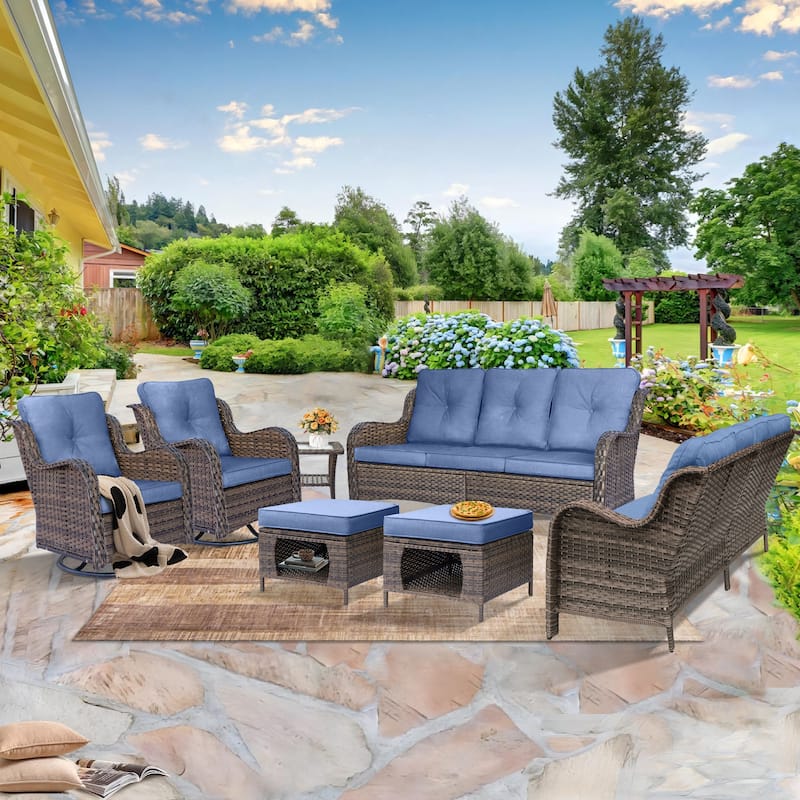 Wicker Outdoor Patio Conversation Seating Sofa Sets with Swivel Chairs - 7 Piece - Denim Blue