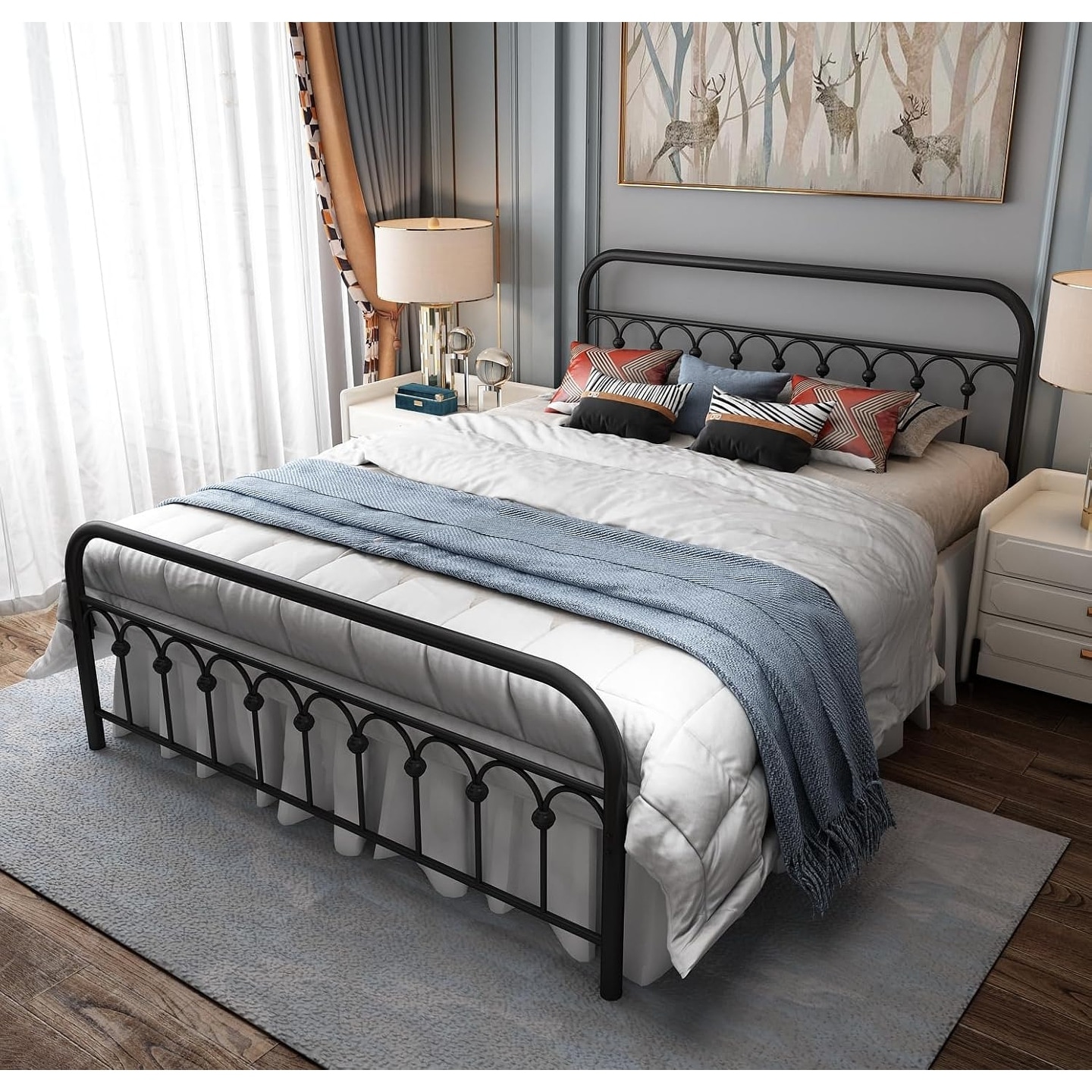 Queen Size Metal Bed Frame with Headboard, Footboard, and Under Bed Storage, No Box Spring Needed