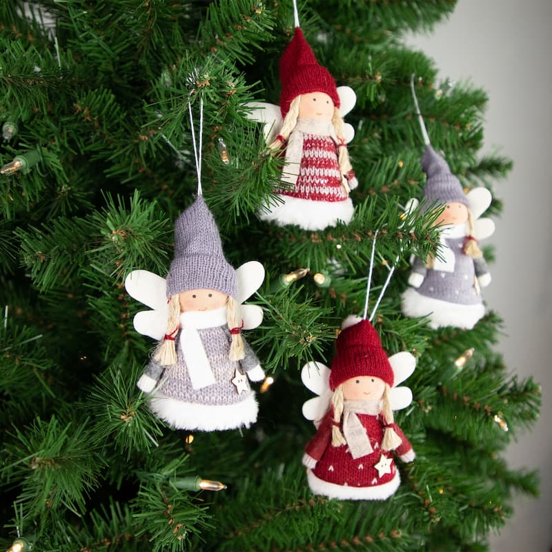 Plush Angel Girl Hanging Christmas Ornaments - 4.25" - Red and Gray - Set of 4