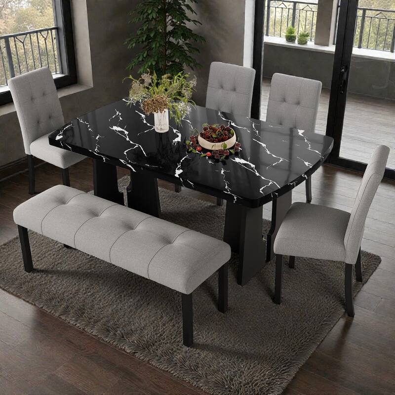 6-Piece Modern Dining Set, 63" Faux Marble Table with Geometric Legs, 4 Upholstered Chairs and Bench for Kitchen Dining Room - Grey