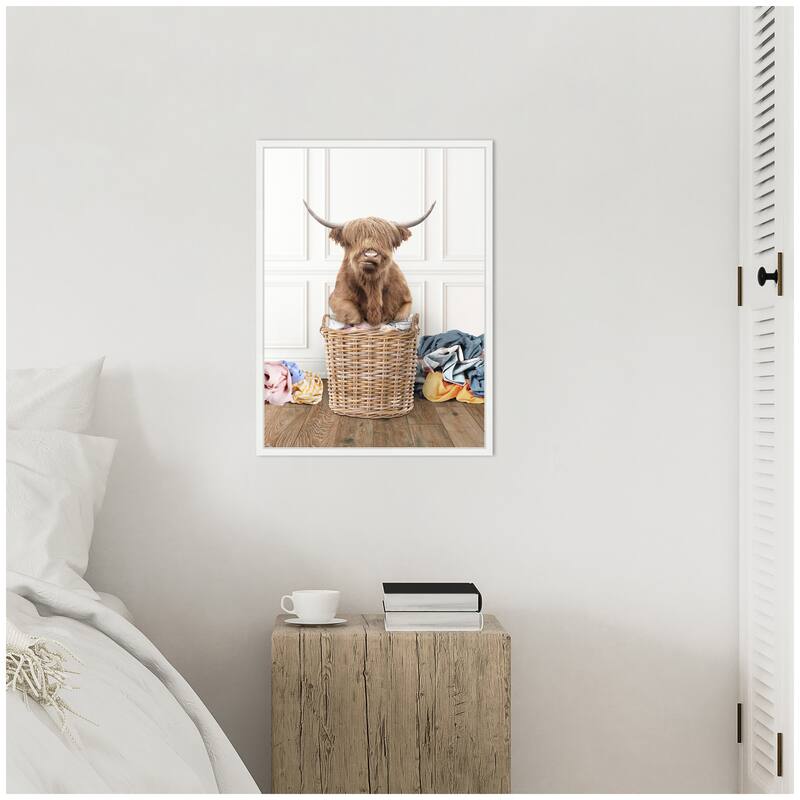 Kate and Laurel Sylvie Highland Cow Traditional Laundry Framed Canvas by Amy Peterson