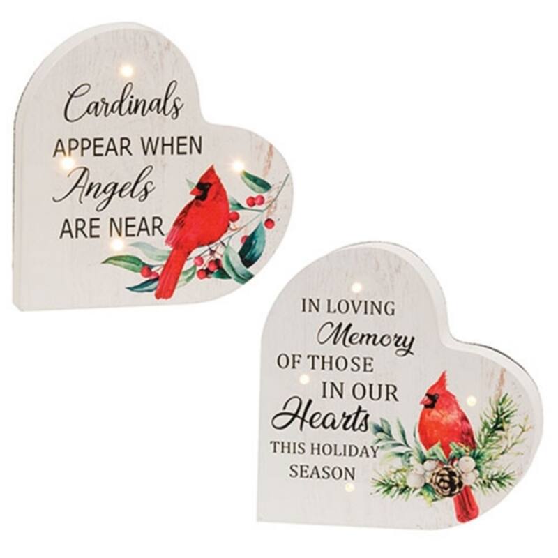 White Wood Illuminated Cardinal Heart Sitters with LED Lights for Holiday Decor, 2 Asstd. - 5” L X 0.88” W x 5” H