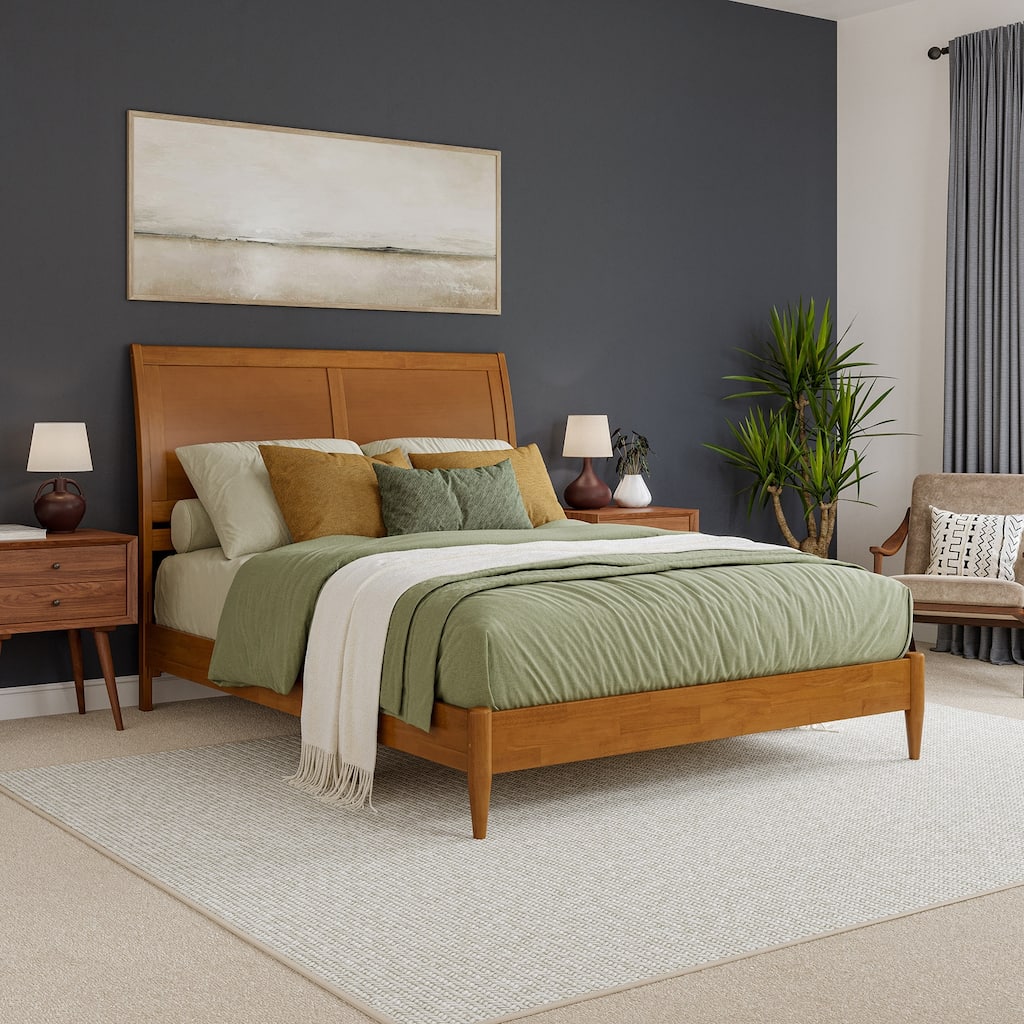 Solid Wood Low Profile Sleigh Bed - Platform Bed Frame, Light Toffee Finish, Modern Bedroom Furniture
